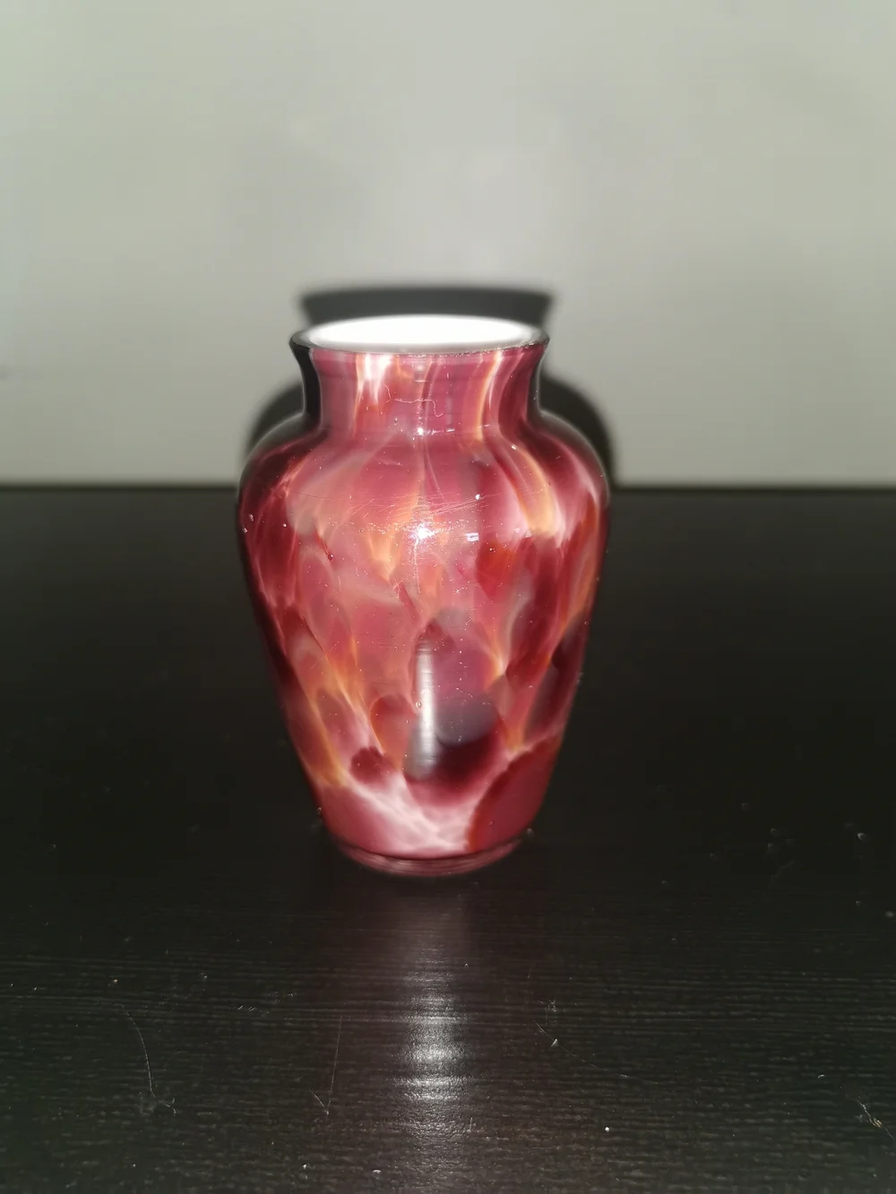 Hand Blown Art Glass Spatter Vase Burgundy Purple Amber W/Bulbous Body 3.5